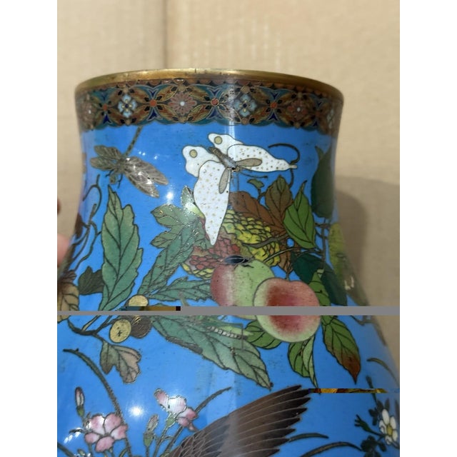 Paint Meiji Japanese Cloisonne Enamel Vase With Quail, Insects, Fruit, and Flowers For Sale - Image 7 of 15