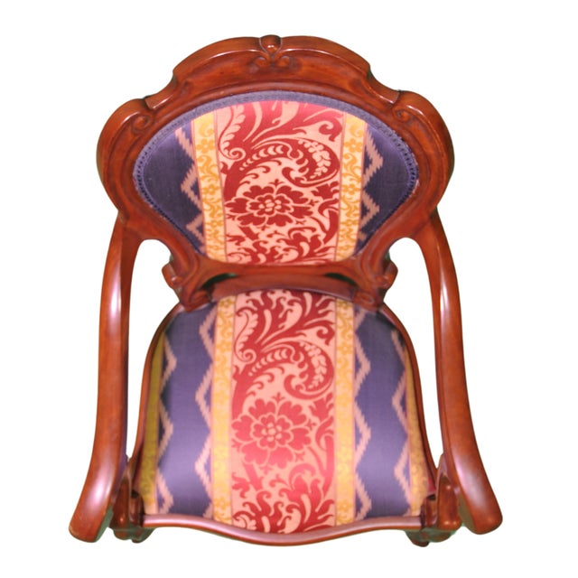 Blue Louis XV Rococo Style Armchair in Carved Wood and Damask Upholstery, 1850s For Sale - Image 8 of 9
