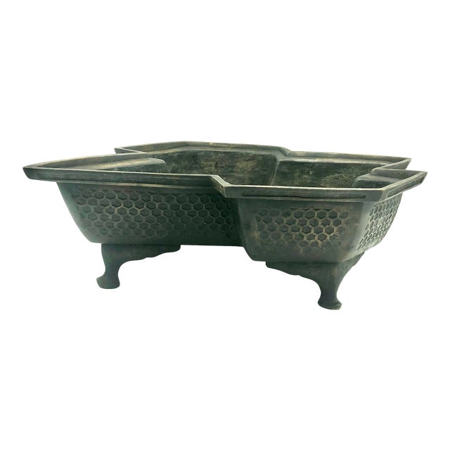 19th Century Meiji Japanese Bronze Vase Tsuiban Angular Form Ikebana Bonsai Tray Jardiniere Antique Vintage Metal Heavy For Sale