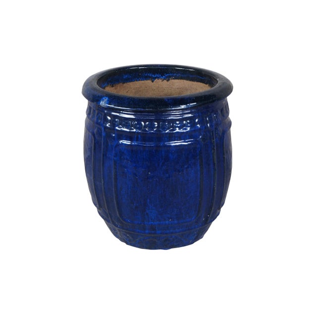 Modern Vintage French Modern Blue Glazed Ceramic Jardinière Urn Planter Pot 19" For Sale - Image 3 of 10