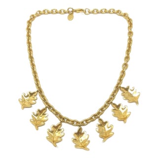 Inès de La Fressange 1990s Gold Plated Vintage Oak Leaf Charm Necklace For Sale