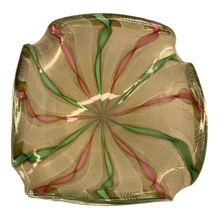 1960s Vintage Avem Italian Murano Art Glass Gold Flecks Bowl W/ White Latticino, Pink/Green Ribbons For Sale