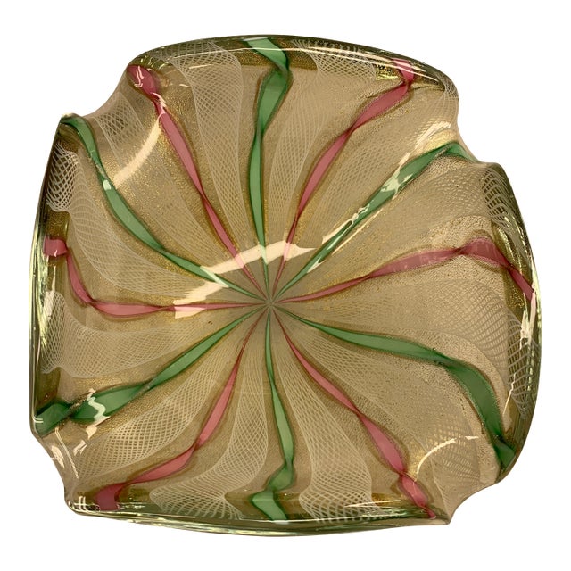 1960s Vintage Avem Italian Murano Art Glass Gold Flecks Bowl W/ White Latticino, Pink/Green Ribbons For Sale