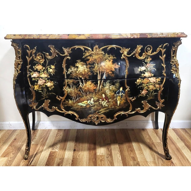 Modern Vintage Louis XV Style Black Lacquered & Painted Marble Top Bronze Mounted Commode For Sale - Image 3 of 18