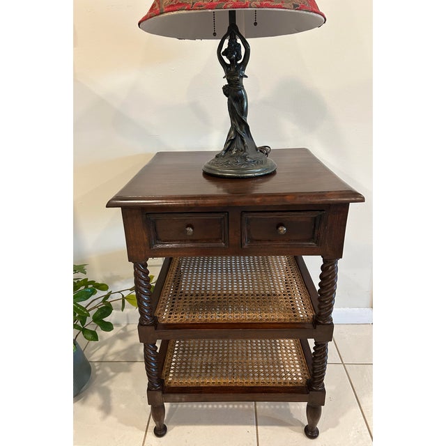 Late 19th Century British Colonial Side Table-Antique Mahogany End Table-Three Tiered Caned Stand-Barley Twist Legs-Two Drawers For Sale - Image 12 of 12