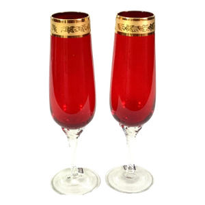 Early 20th Century Antonin Ruckl Glassworks-Vcelnicka, Bohemia -24kt Gold Ruby Champagne Flutes- a Pair