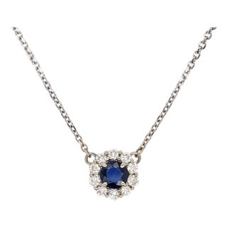 Sapphire Pendant Necklace With Earth Mined Diamonds in Solid 14k Gold, Round 6mm For Sale