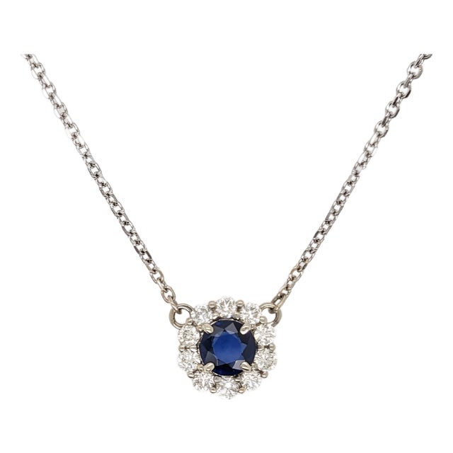 Sapphire Pendant Necklace With Earth Mined Diamonds in Solid 14k Gold, Round 6mm For Sale