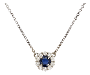 Sapphire Pendant Necklace With Earth Mined Diamonds in Solid 14k Gold, Round 6mm
