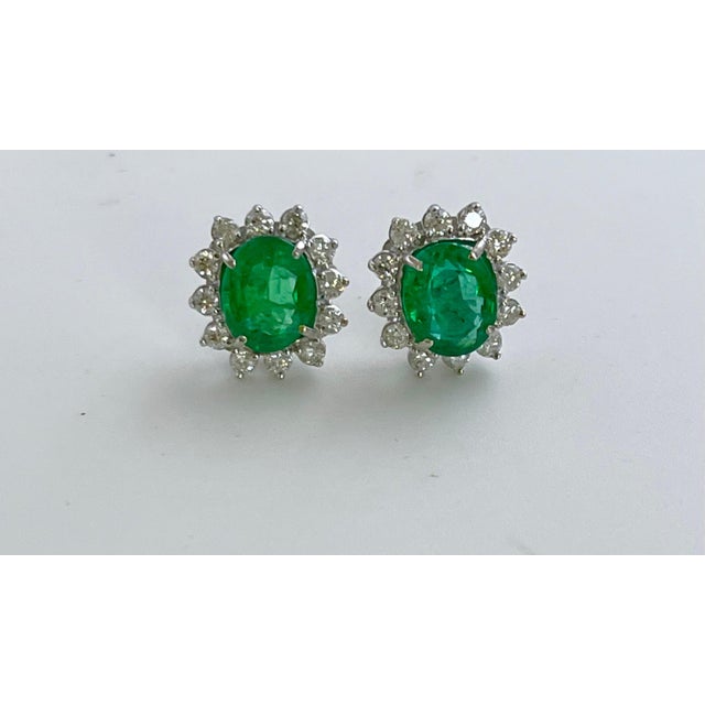 8 Ct Oval Colombian Emerald & 2.5 Ct Diamond Post Back Earrings 18 Kt White Gold For Sale - Image 10 of 18