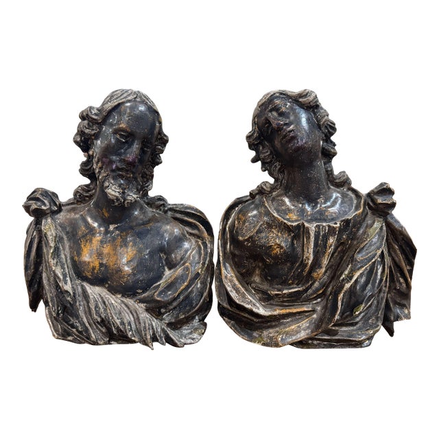 Pair of 18th Century French Carved Polychrome Male & Female Bust Wall Sculptures For Sale