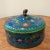 Vintage Chinese Republic Period Cloisonné Round Lidded Box. Lion (Foo) dog finial in brass. Floral designs on blue ground....