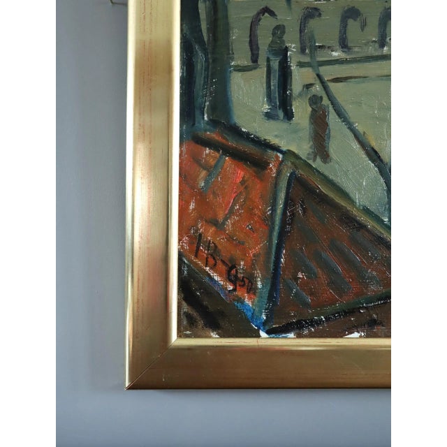Paint Mid-Century Modern 'Passing Moments' Vintage Original Expressive Street Scene Landscape Oil Painting, Framed For Sale - Image 7 of 12