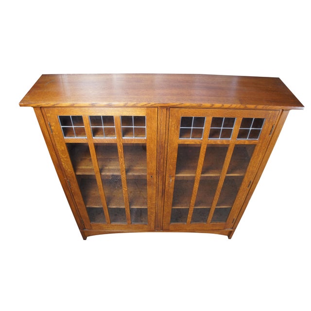 Mission Stickley Quartersawn Oak Mission Bookshelf Bookcase Curio Cabinet 60" For Sale - Image 3 of 16