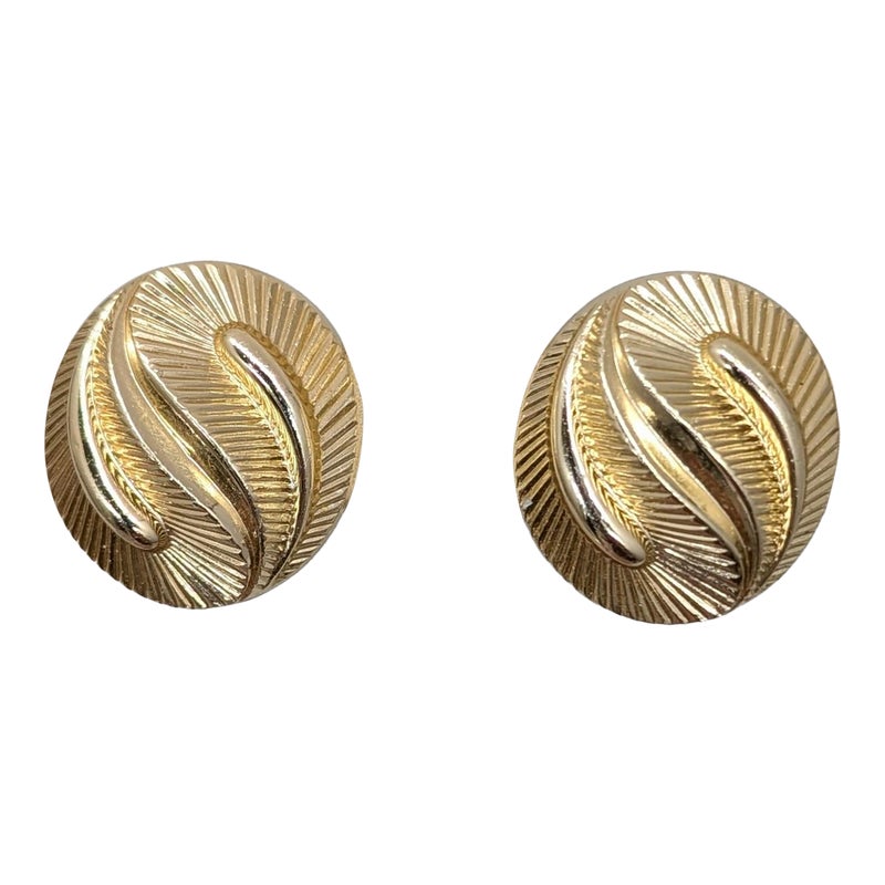 Vintage 1950s Signed Crown Trifari Oval Goldtone Clip Earrings- 2 Pieces