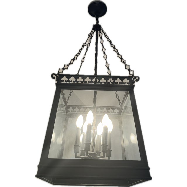 Large Visual Comfort E.F. Chapman Black metal clover square lantern with decorative chain, six candelabra lights, and four...
