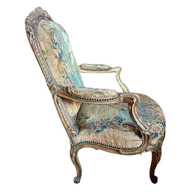 Louis XV Style Giltwood Fauteuil Upholstered in 18th Century Aubusson, in the Manner of Jean-Baptiste Tilliard, 19th...