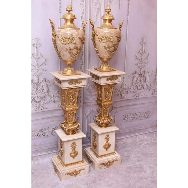 Pair of Large Neoclassical Beige Marble and Ormolu Bronze Urn Amphorae With Matching Pedestals For Sale - Image 4 of 16