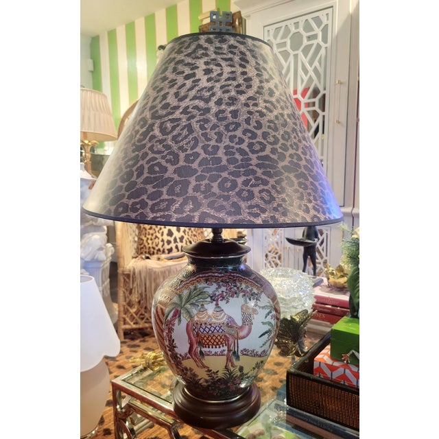 Wildwood Vintage Chinoiserie Colorful Ceramic Camel Ginger Jar Palm Beach Regency Leopard Shade Table Lamp For Sale - Image 4 of 11
