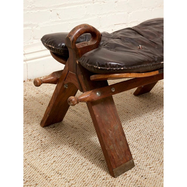 Vintage Leather Saddle Stool With Tufted Seat and Sculptural Wood Frame as Found For Sale In Los Angeles - Image 6 of 12