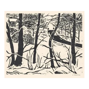 Kniffin Winter Curtain of Trees Snowy Woodblock