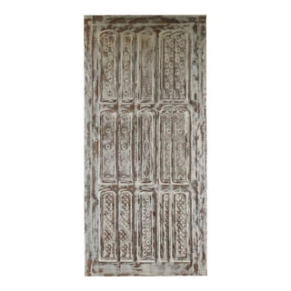 Vintage Whitewashed Carved Wood Sliding Barn Door | Ornate Rustic Statement Piece 102 For Sale