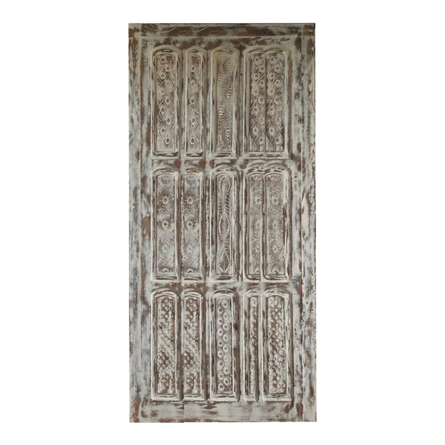 Vintage Whitewashed Carved Wood Sliding Barn Door | Ornate Rustic Statement Piece 102 For Sale