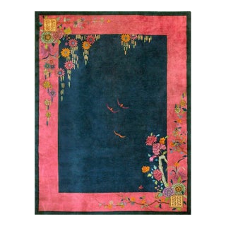 1920s Blue Navy Open Field Floral Antique Chinese Art Deco Carpet 9' X 11'8" Knotted Wool Rug For Sale