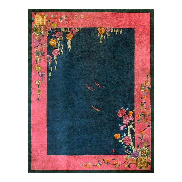 1920s Blue Navy Open Field Floral Antique Chinese Art Deco Carpet 9' X 11'8" Knotted Wool Rug For Sale