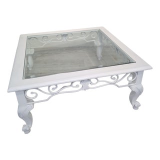 Baroque Whitewashed Coffee Table with Beveled Glass For Sale