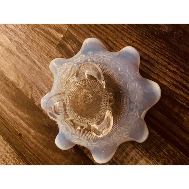 Early 1900’s Vintage Ombre White Milk Glass Opalescent 9” Tri-Footed Serving Bowl/ Compote Dish/ Catch-All Bowl/ Fruit Bowl by Northwood Glass Co. For Sale - Image 4 of 4