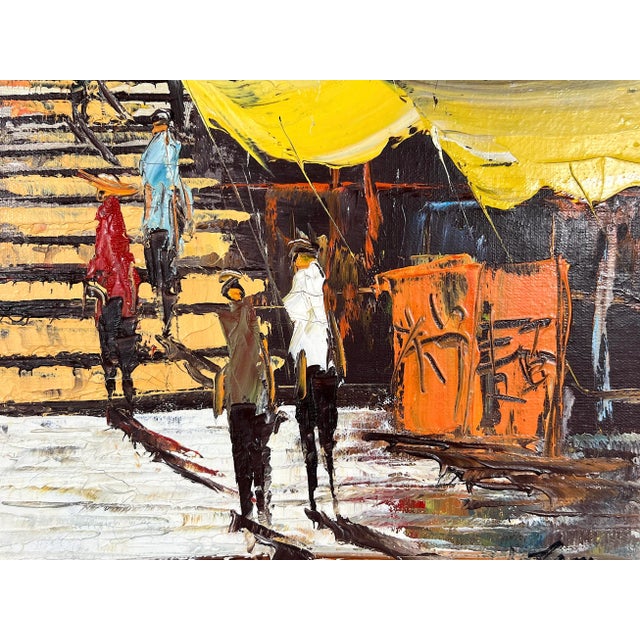 "Ladder Street Hong Kong" Mid Century Impasto Painting by W. Lam, Faux Bamboo Frame For Sale - Image 4 of 7