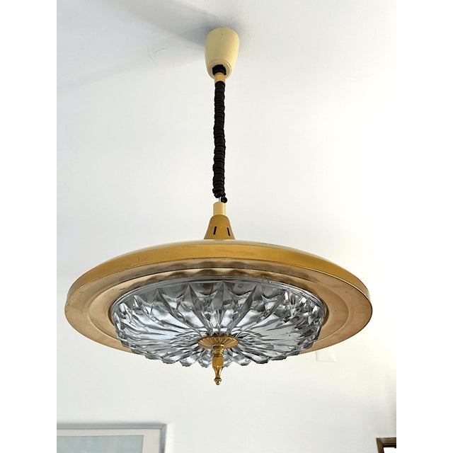 Mid-Century Modern Retractable Metal and Pressed Glass Pull Down Pendant Lamp, 1960s For Sale - Image 4 of 16