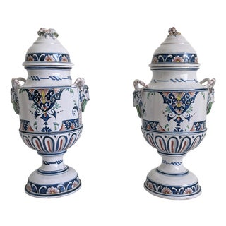 Pair of Mid-Century French Hand Painted Faience Urns With Ram Head Handles For Sale