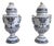 Pair of Mid-Century French Hand Painted Faience Urns With Ram Head Handles For Sale