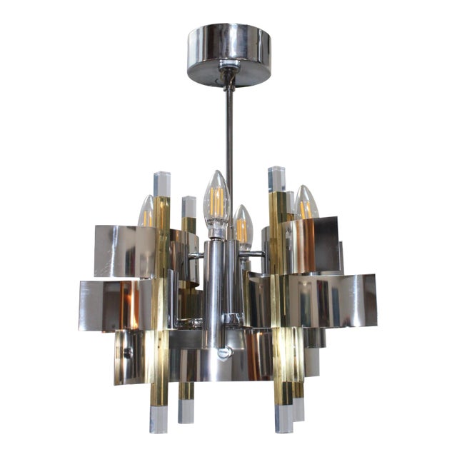 1970s Gaetano Sciolari Brass and Chrome Chandelier For Sale