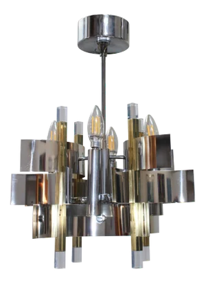 1970s Gaetano Sciolari Brass and Chrome Chandelier