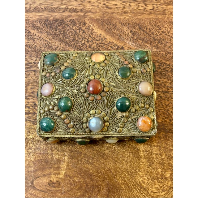 Antique Tibetan Filigree Jewelry Box, Agate Stone Brass Trinket Box For Sale In Miami - Image 6 of 7