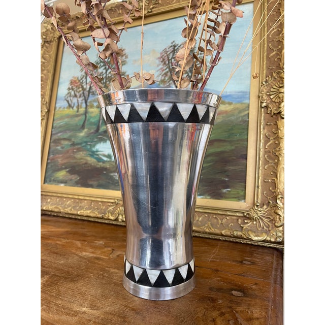 Metal Vintage Towle Silversmiths Modernist Metal Vase With Black and Mother-of-Pearl Geometric Inlay For Sale - Image 7 of 9