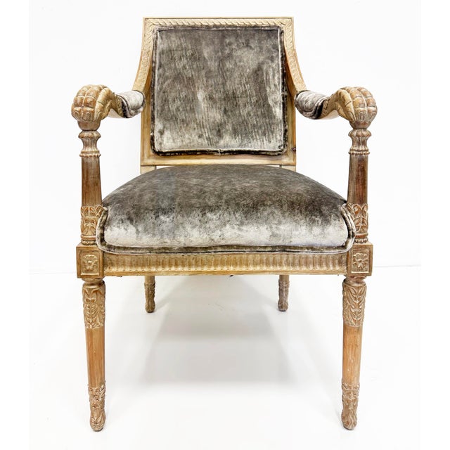 Vintage Italian Neoclassical Carved Wood Armchairs, Newly Upholstered, Pair For Sale - Image 4 of 12
