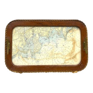 Vintage SeaCraft Solid Mahogany Stamford Harbor Nautical Chart Tray For Sale