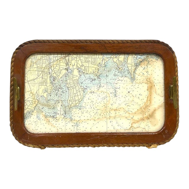 Vintage SeaCraft Solid Mahogany Stamford Harbor Nautical Chart Tray For Sale