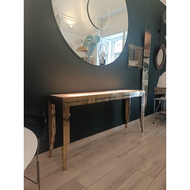 Brass and Chrome Console Table with Backlit Glass Top, Italy, 1970s For Sale - Image 4 of 7