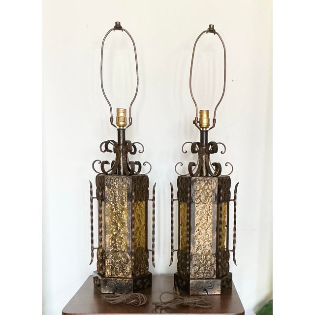Mid-Century Modern Pair Vintage Mid-Century Spanish Revival Table Lamps Wrought Iron Glass Panels, C. 60s For Sale - Image 3 of 12