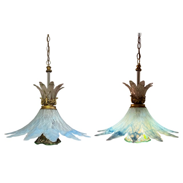 Vintage 3 Tiered Murano Art Glass 20 In. Wide Abstract Clematis Petal Pendant Lamp For Sale - Image 9 of 18