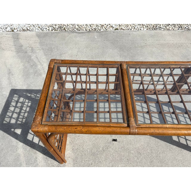 Boho Chic 1970s Boho Chic Brown Lattice Rattan Rectangular Sofa Console Table With Glass Top For Sale - Image 3 of 12