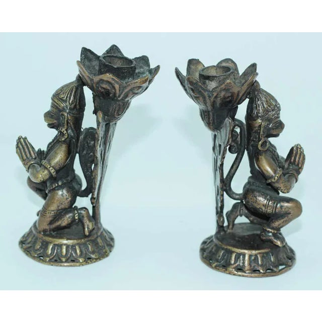 1950s Asian Bronze Hanuman Kneeling Buddhist Figure Candleholders - a Pair For Sale - Image 5 of 11