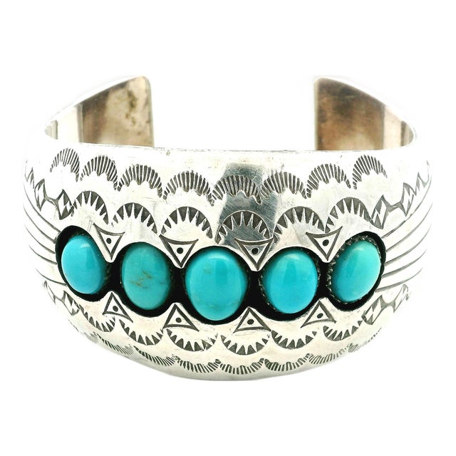 Vintage Navajo Sterling Silver Turquoise Cuff Bracelet Signed P.Benally For Sale