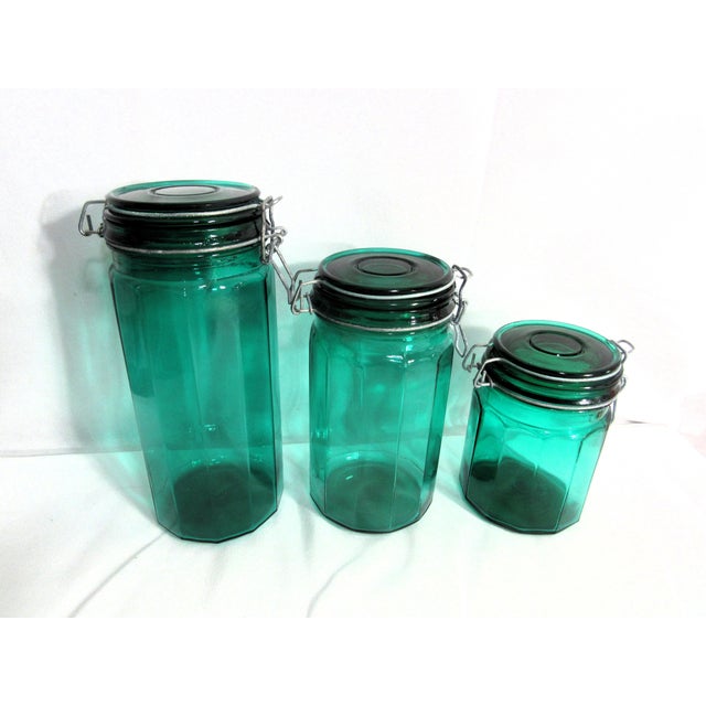 Mid 20th Century Mid-Century Modern Locking Top Green Glass for Pickling Storing - Set of 3 For Sale - Image 9 of 13