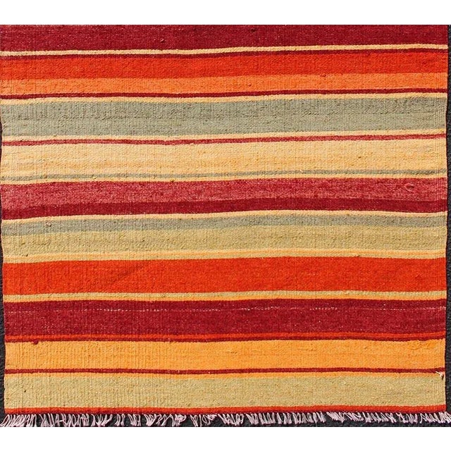 Turkish Vintage Hand Woven Turkish Kilim Runner With Stripes in Red, Green, Yellow, and Orange For Sale - Image 3 of 11
